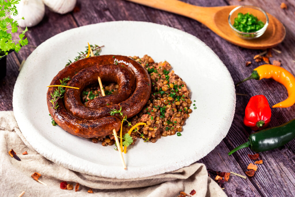 Green Lentil Risotto with Homemade Sausages and PlantBased Bacon